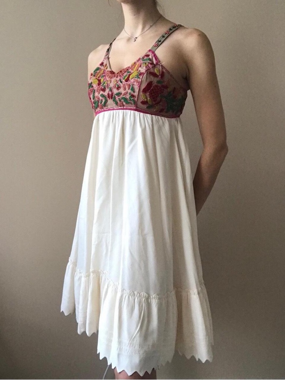Anthropologie Ivory Mini Dress with Pink Embroidered Bodice